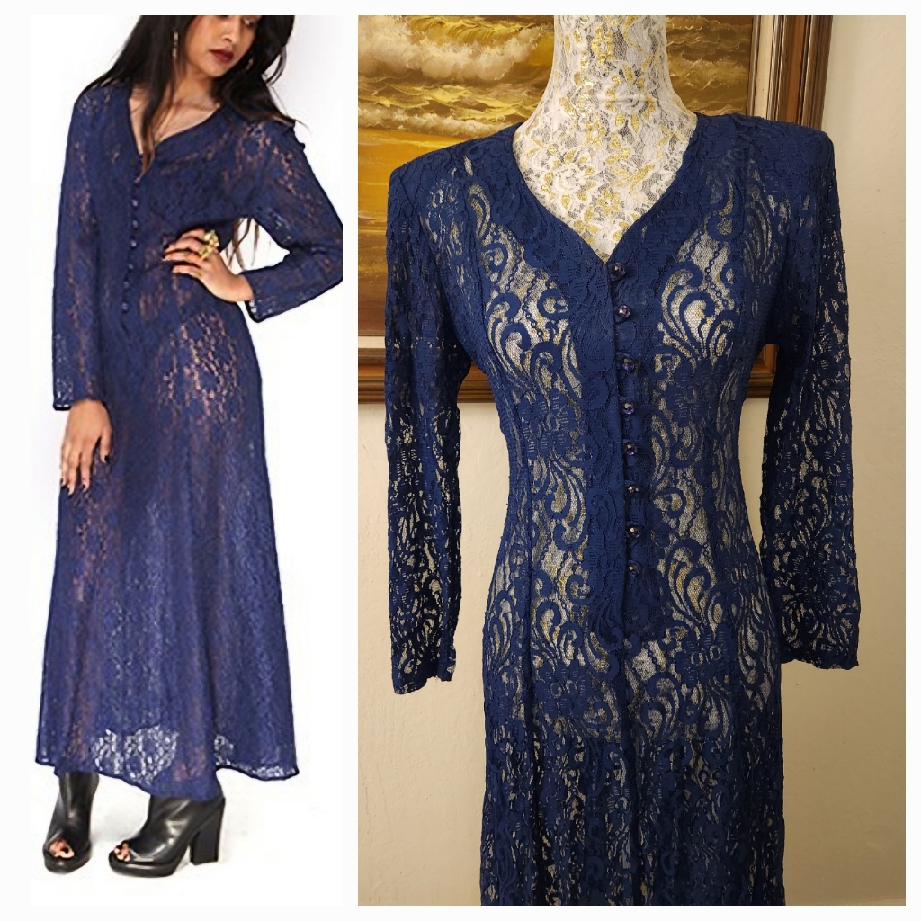 Vintage 1980's Navy Blue Long Sleeve Lace Maxi Dress Removable Liner